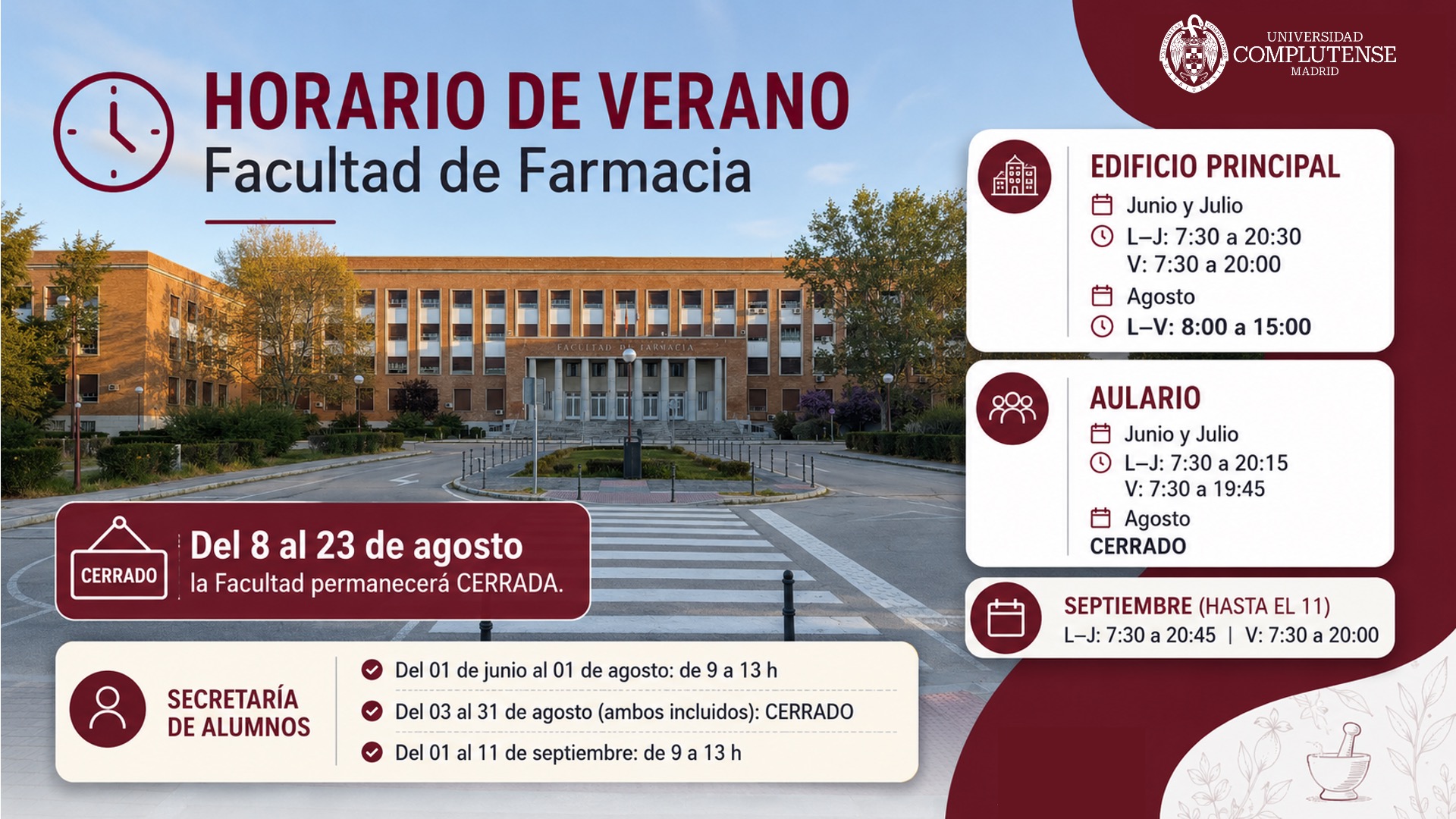 Horario de Verano de la Facultad de Farmacia